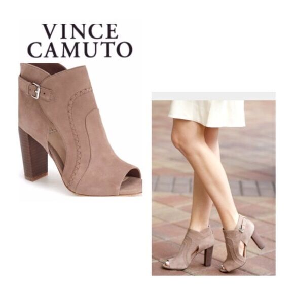 Vince Camuto Conley Buckle tan suede leather peep toe booties sandals heels-8.5M - Picture 2 of 16